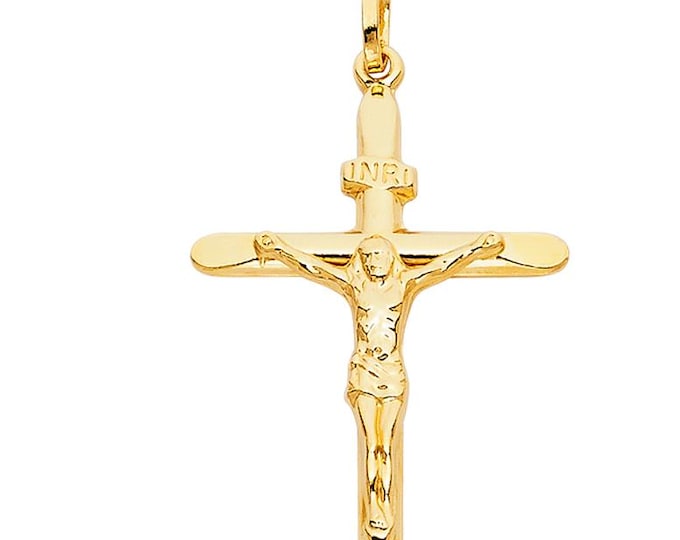 14K Yellow Gold Religious Crucifix Cross Pendant INRI Jesus Christ Charm Pendant Yellow Gold Small Size.