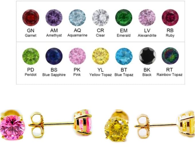 14K Solid Gold Birthstone Color Earring 3 mm-8 mm Push Back High Quality Made Kids / Girls Earrings