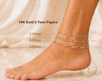 14K Yellow Gold Italian 2.60mm 3.00mm 3.90mm Figaro White Pave Chain 9 or 10 " Inches.