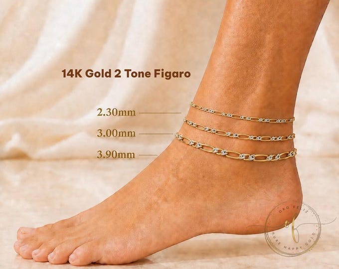 14K Yellow Gold Italian 2.60mm 3.00mm 3.90mm Figaro White Pave Chain 9 or 10 " Inches.