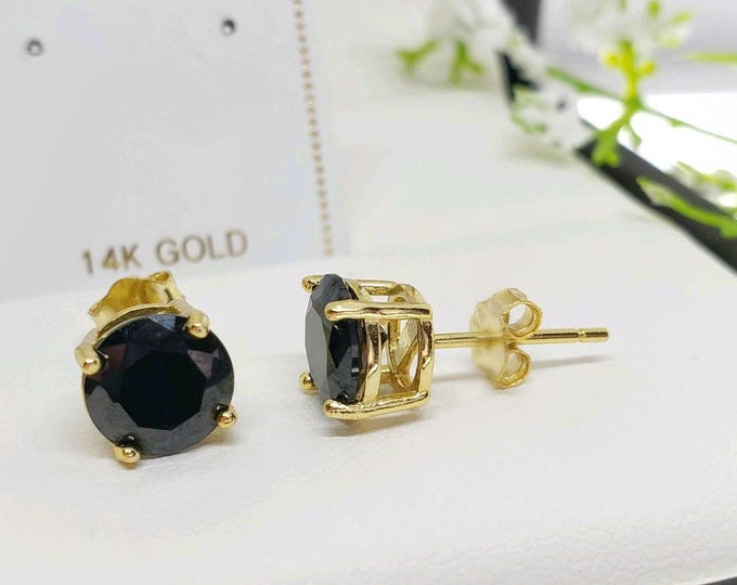 14K Yellow Gold Black CZ Stones Solitaire Cut Basket Prong Earring Push Backing Earring with 2 Different weight.