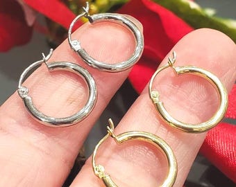 14K Real Gold • 2.00 mm Plain Hoops , Classic Hinge Hoops Earrings Solid Gold  • Gold Plain Hoop • 13 mm - 65 mm •