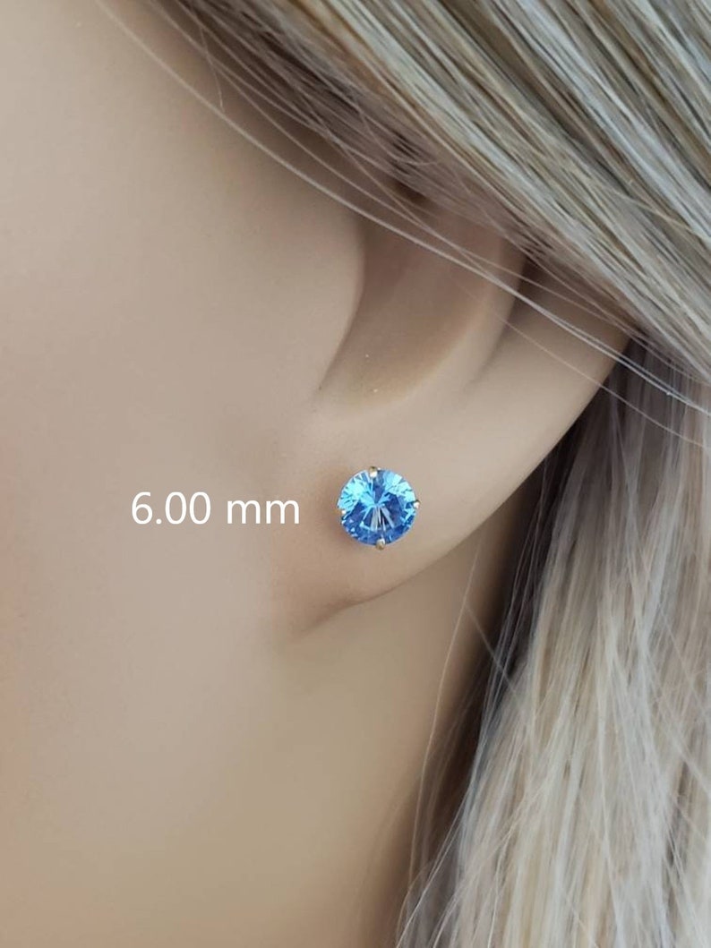 14K Solid Yellow Gold Blue Topaz Earring December Birthstone Colors Screw Backing Earring with 4 Prong Setting image 5