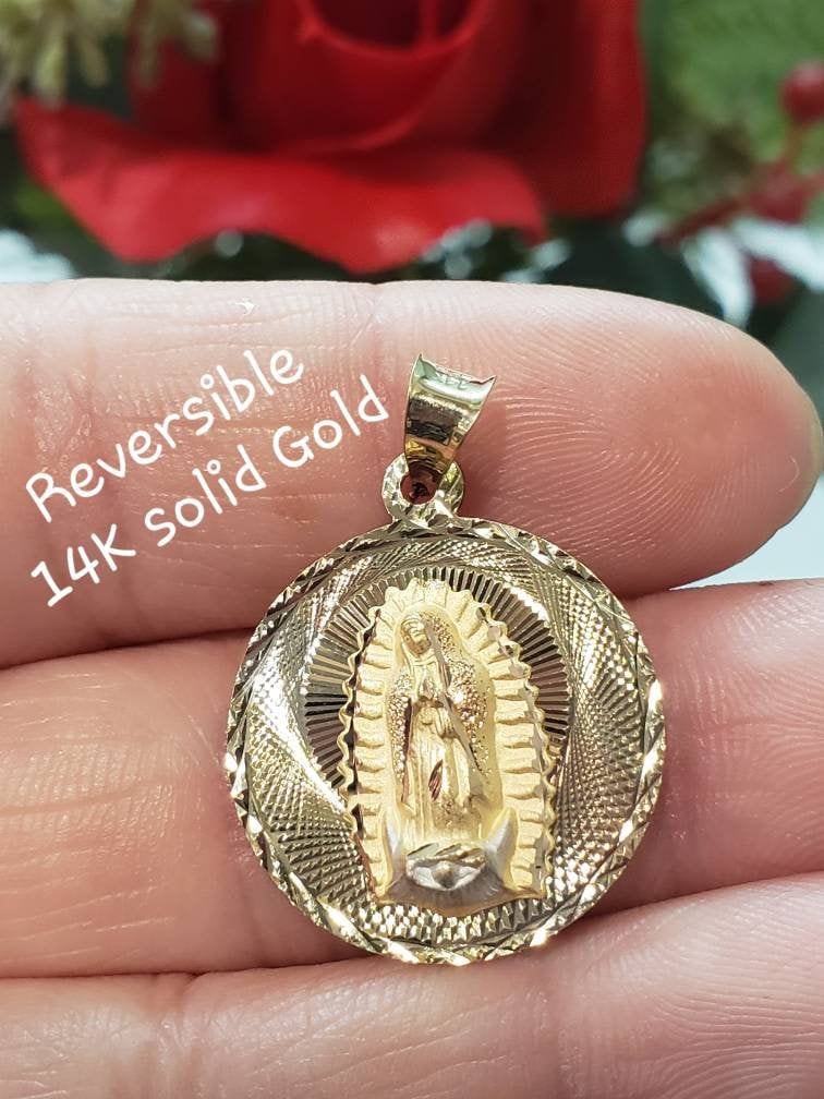 14K Solid Gold Diamond Cut Guadalupe 3D Pendant Charm