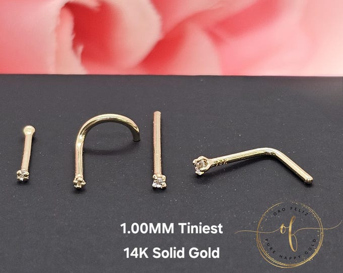 1.00mm Tiny 14K Solid Yellow Gold , Curve Bar Nose Stud, Diamond Nose Stud, Twist Micro Nose, Screw Nose Stud 20 Gauge, Hypoallergenic.