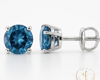 Natural Genuine London Blue Topaz With 14K Solid Yellow Gold Earring Heavy Basket 18GA Diamond Screw Backing or Push Backing 1 Pair Earring.