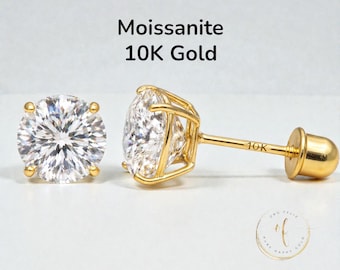 Moissanite 10K Gold Stud Earrings, Round Solitaire Cut, Screw Back 22 GA, Thin Post, comfortable to sleep, Brilliant Cut VVS1 DEF.