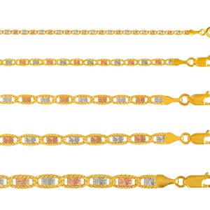 May include: Five gold chains with a diamond-cut design. The chains are made of three different colors of gold: yellow, white, and rose. The chains are all the same length and have a lobster clasp.
