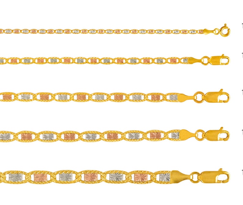 May include: Five gold chains with a diamond-cut design. The chains are made of three different colors of gold: yellow, white, and rose. The chains are all the same length and have a lobster clasp.