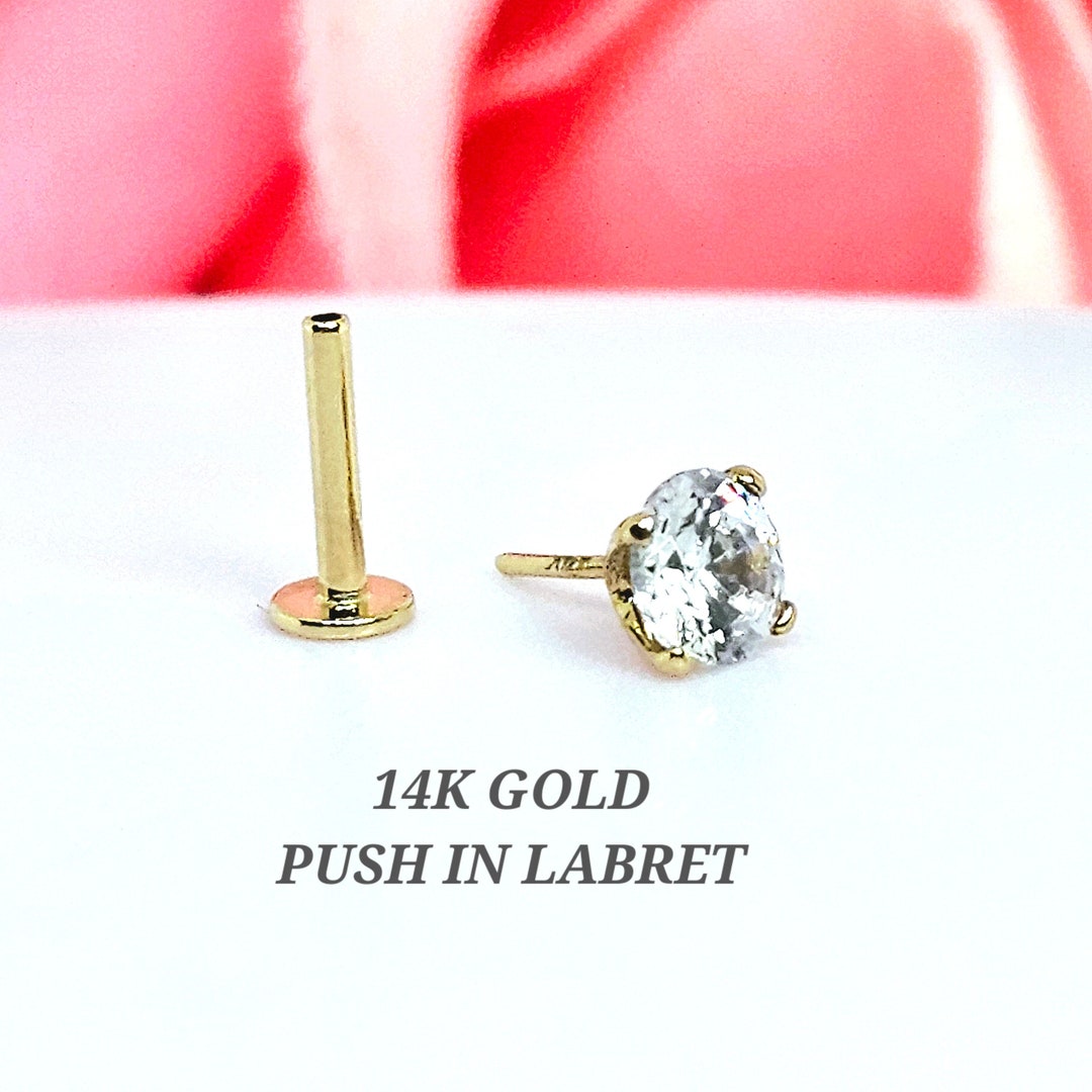 14K REAL Solid Gold Threadless Push-in 18 GA With Option of CZ or ...