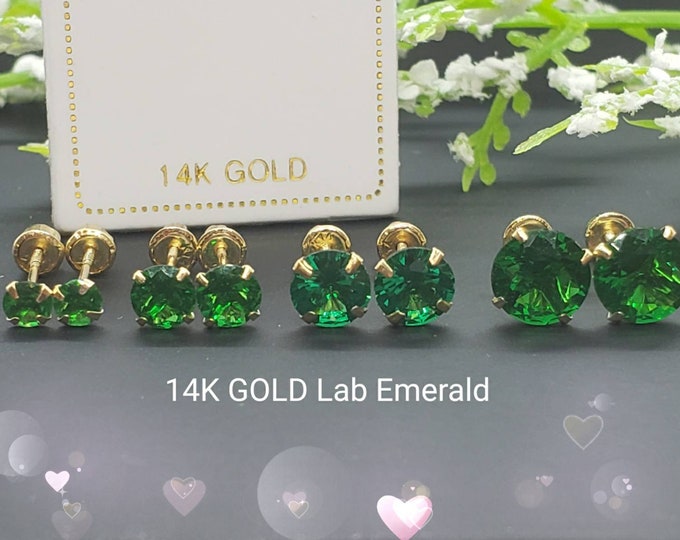 Genuine Lab Emerald • 3.00 - 6.00 mm • Screw Back •  14K GOLD •  Light Setting Prong • May Birthstone  Earrings •