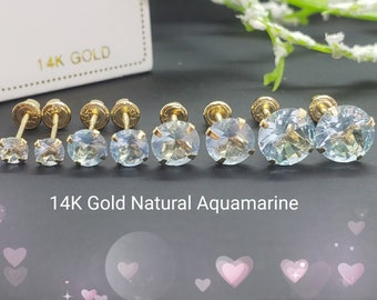 Genuine Real Natural Aquamarine • 3.00 - 6.00 mm • Screw Back •  14K GOLD •  Light Setting Prong • March Birthstone  Earrings •