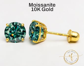Cyan Blue Green Moissanite 10K Gold Stud Earrings, Round Solitaire Cut, Screw Back 22 GA, Thin Post, comfortable to sleep.