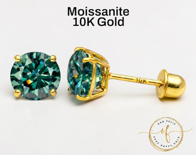 Cyan Blue Green Moissanite 10K Gold Stud Earrings, Round Solitaire Cut, Screw Back 22 GA, Thin Post, comfortable to sleep.
