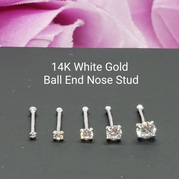 14K Solid White Gold , Ball Ends 20GA Nose Stud, Diamond Nose Stud,  Nostril Piercing 1.00 mm - 3.00 mm