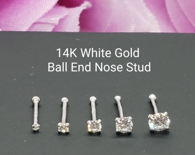 14K Solid White Gold , Ball Ends 20GA Nose Stud, Diamond Nose Stud,  Nostril Piercing 1.00 mm - 3.00 mm