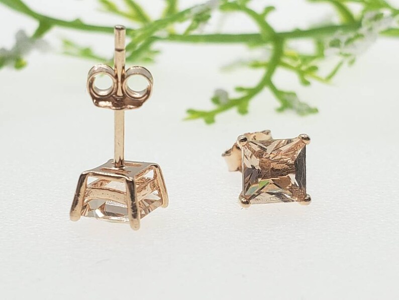 3mm-10mm Round Rose Plated Morganite CZ Solid 925 Sterling Silver Princess Squre Stud Post Earrings Round Mens Womens Earrings