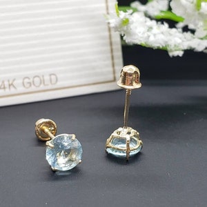 14K Solid Gold Aquamarine Earring March Birthstone Colors Screw Backing Earring with 4 Prong Setting image 4