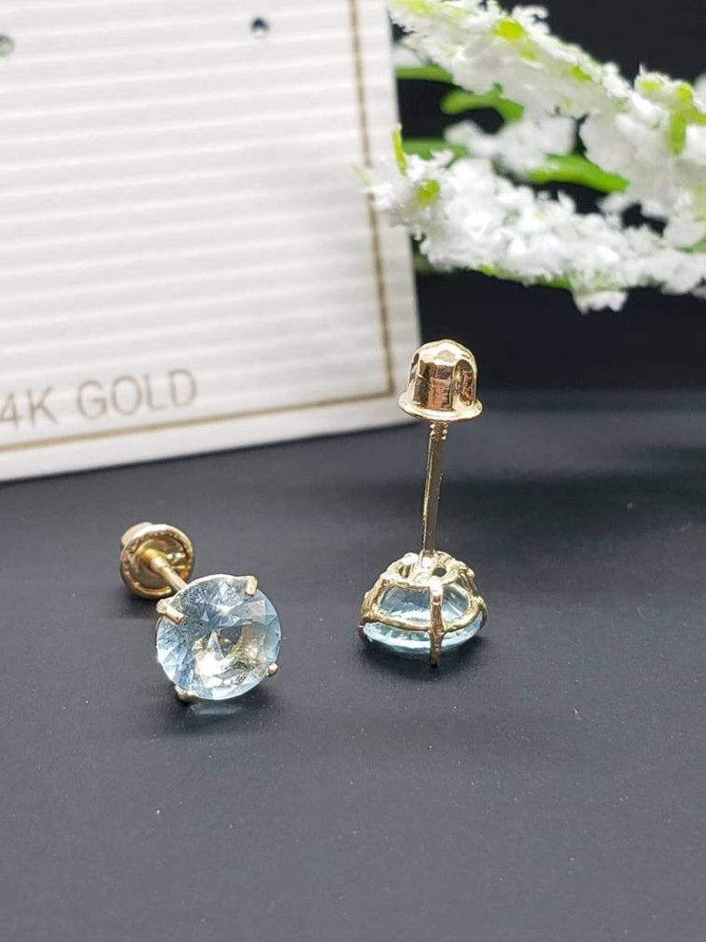 14K Solid Gold Aquamarine Earring March Birthstone Colors Screw Backing Earring with 4 Prong Setting image 4