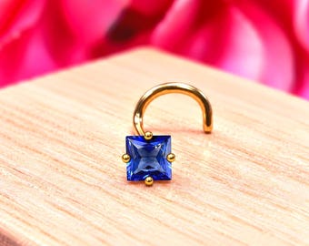 Blue Sapphire Princess Cut Genuine Real ,  14K Solid Gold in Twisted Crooked Screw, L-Shaped , Ball End Bar