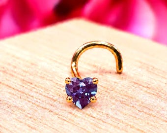 LAB CREATED ALEXANDRITE Heart  14K Solid Yellow Gold , Curve Bar Nose Stud, , Twist Micro Nose, Screw Nose Stud, Ball end Or L-Shaped