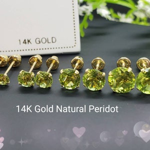 Genuine Real Natural Peridot • 3.00 - 6.00 mm • Screw Back •  14K GOLD •  Light Setting Prong • Peridot Birthstone  Earrings •