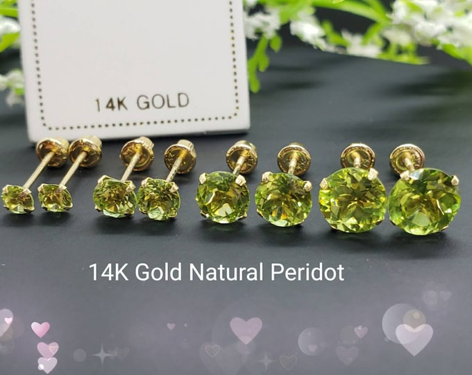 Genuine Real Natural Peridot • 3.00 - 6.00 mm • Screw Back •  14K GOLD •  Light Setting Prong • Peridot Birthstone  Earrings •