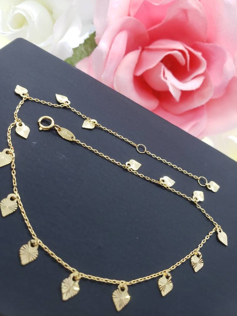 10K Real Yellow Gold Dangle Heart Charm High Quality Ankle