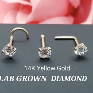 Anillo nasal solitario redondo de oro macizo de 14 quilates con diamante cultivado en LAB, calibre 20. Disponible en 3 formas diferentes.