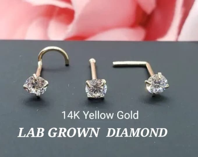 LAB Grown Diamond Nose Stud 14K Solid Gold Round Solitaire Nose Ring 20 Gauge Available in 3 different shape.