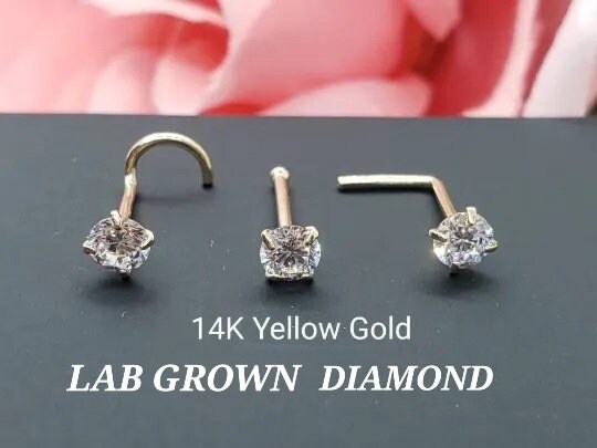 LAB Grown Diamond Nose Stud 14K Solid Gold Round Solitaire Nose Ring 20  Gauge Available in 3 different shape.