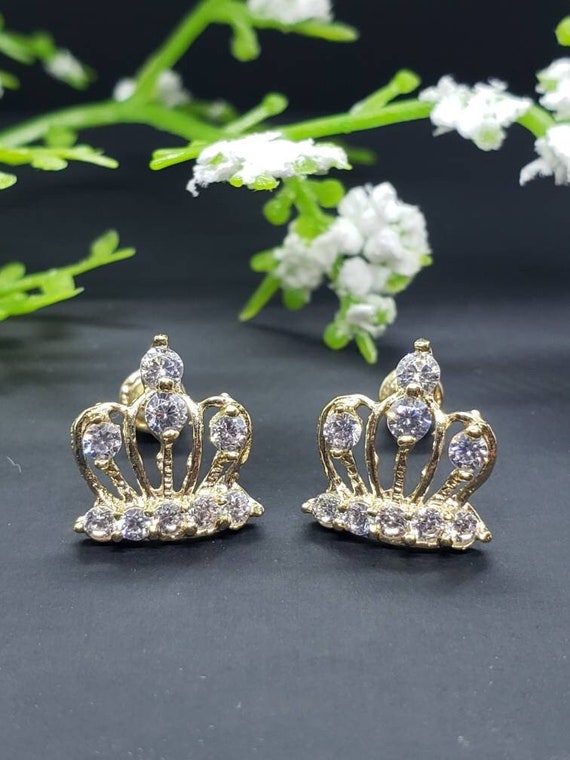 14K Real Yellow Gold • Crown CZ Earring • Baby Secure Screw Backs