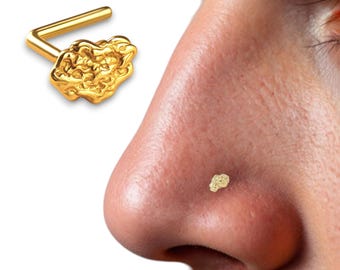 NUGGET 14K Solid Yellow Gold Size 3.00 mm Nugget Bar Nose Stud, map style Nose Stud, L-Shaped or Twisted Crock Screw or Ball end.