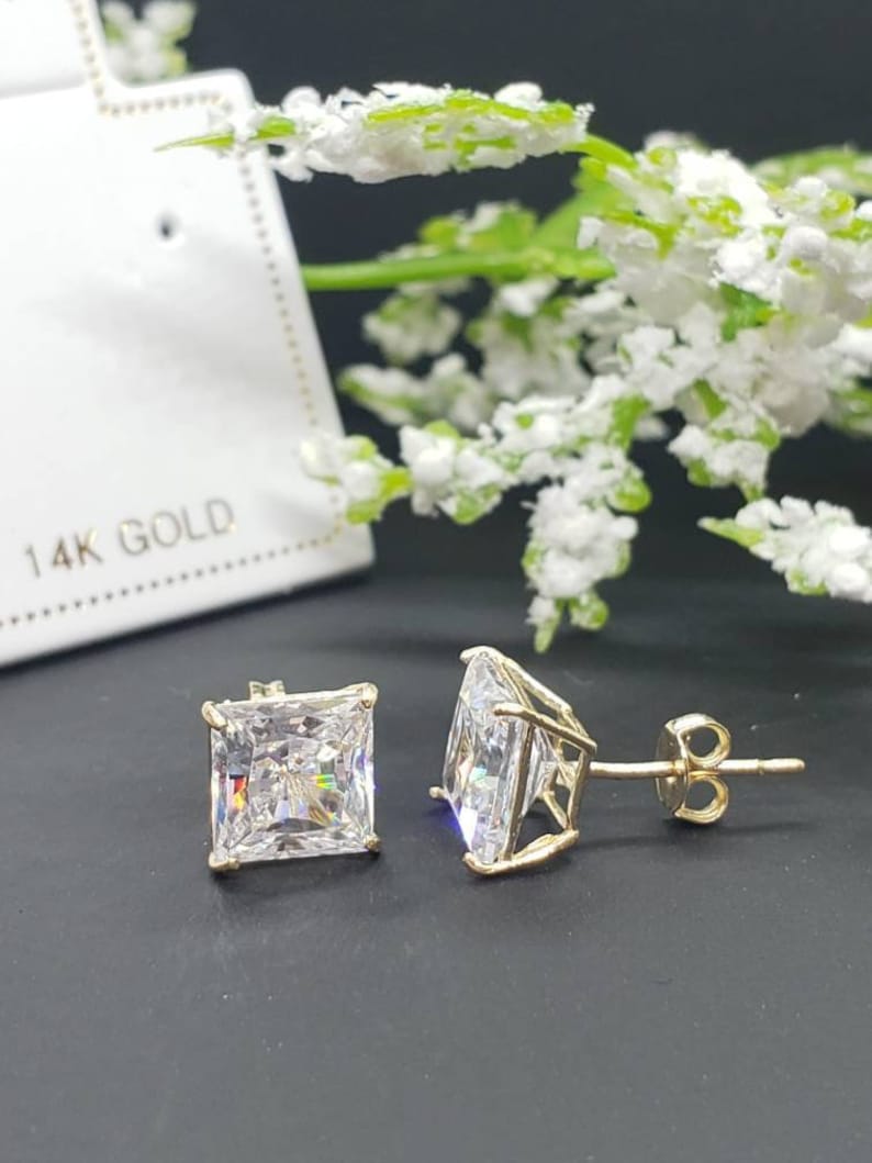 14K Solid Gold Princess Square Cut White CZ's Push Backing Earring with 4 Prong 3 mm 8 mm image 1