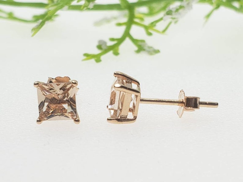3mm-10mm Round Rose Plated Morganite CZ Solid 925 Sterling Silver Princess Squre Stud Post Earrings Round Mens Womens Earrings