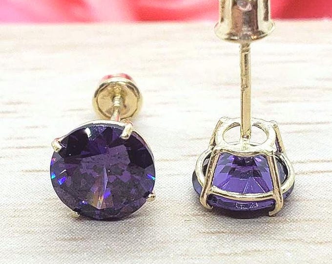 14K Solid Yellow Gold Amethyst Earring February Birthstone Colors Screw Backing Earring with 4 Prong Setting