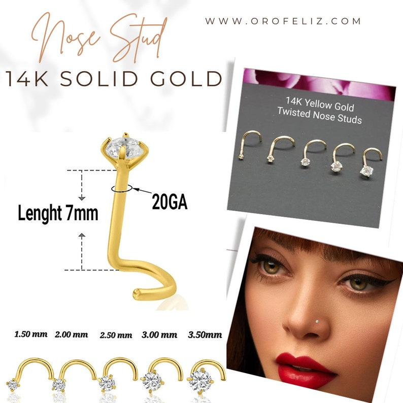 14K Solid Yellow Gold , Curve Bar Nose Stud, Diamond Nose Stud, Twist Micro Nose, Screw Nose Stud 20 Gauge, Hypoallergenic, Perfect Quality. image 6