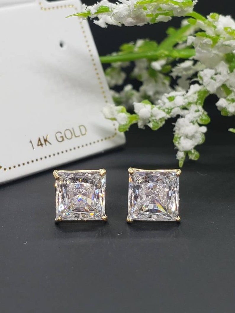 14K Solid Gold Princess Square Cut White CZ's Push Backing Earring with 4 Prong 3 mm 8 mm image 5