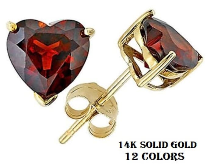 14K Solid Yellow Gold Heart Design Birthstone Color Earring 0.50 ctw - 3.00 ctw   OR 4 mm- 7 mm Push Backs High Quality Made