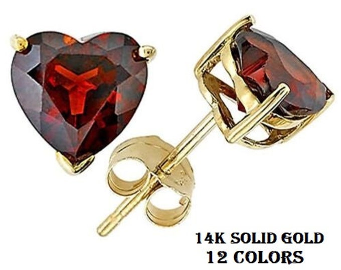 14K Solid Yellow Gold Heart Design Birthstone Color Earring 0.50 ctw - 3.00 ctw   OR 4 mm- 7 mm Push Backs High Quality Made