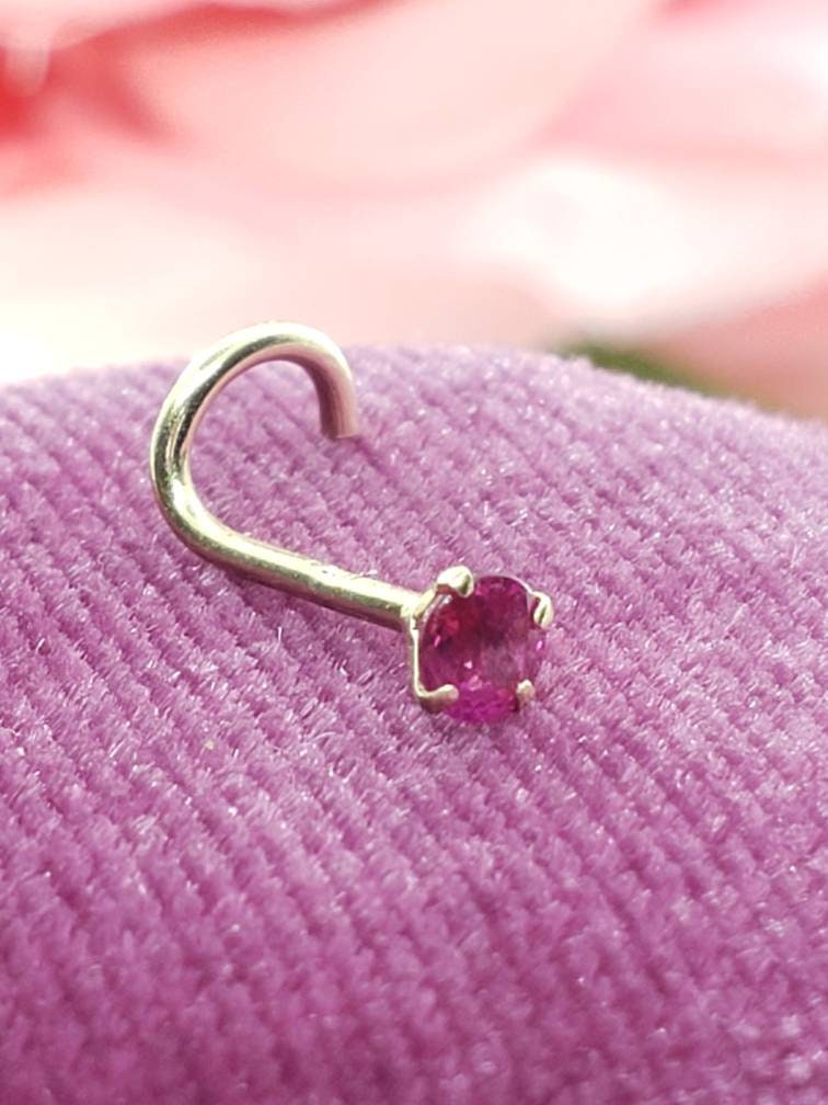 Genuine Real Ruby Nose Stud 14K Solid Gold in Twisted Crooked