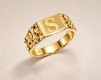 14K Real Gold 100 % Men's Ring Nugget with Personalize  A to Z Engrave Ring 3.10 grams 14K gold NUGGET Style.