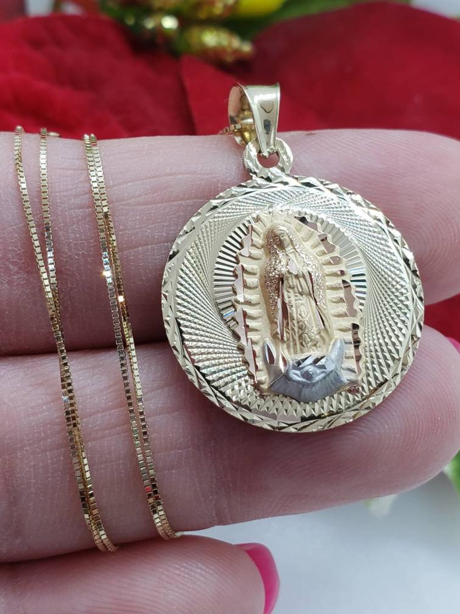 14K Solid Yellow Gold Virgin Mary Guadalupe 3D Yellow Color Charm ...