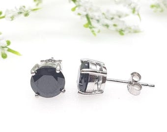 2mm-10mm Round Black CZ Solid 925 Sterling Silver Solitaire Stud Post Earrings Round Mens Womens Earrings