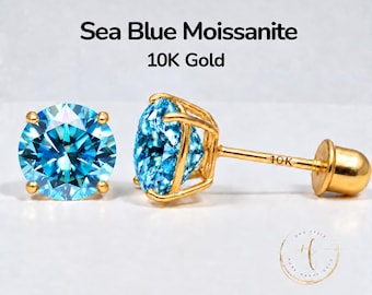 Sea Blue Moissanite 10K Gold Stud Earrings, Round Solitaire Cut, Screw Back 22 GA, Thin Post, comfortable to sleep.