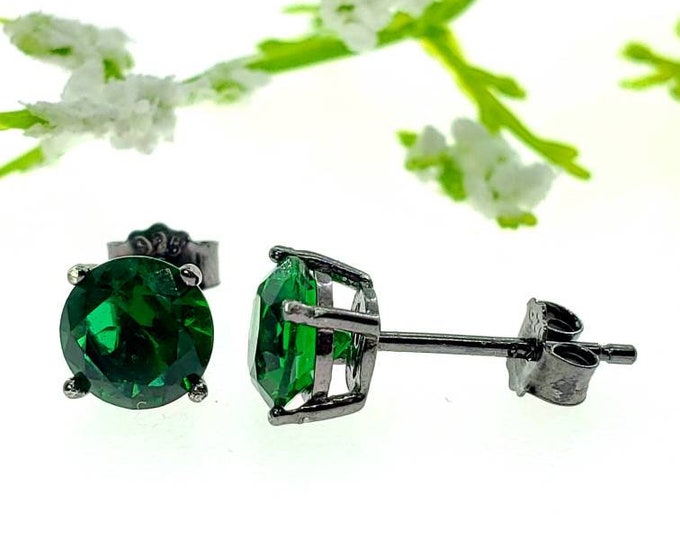 Solid 925 Sterling Silver Green Emerald CZ's or Lab Emerald Gemstone Solitaire Stud Post Earrings Round Mens Womens Earrings