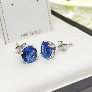 14K Solid Gold Blue Sapphire Stones Round Solitaire Cut Basket Prong Earring Push Backing Earring with 2 Different weight.