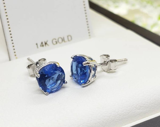 14K Solid Gold Blue Sapphire Stones Round Solitaire Cut Basket Prong Earring Push Backing Earring with 2 Different weight.