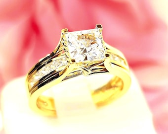 14K Solid Gold 2.75 Ct Trellis engagement ring wedding 2 rings set band Promise princess Square Cut Gemstone.