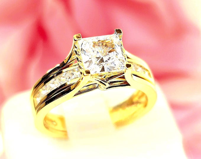 14K Solid Gold 2.75 Ct Trellis engagement ring wedding 2 rings set band Promise princess Square Cut Gemstone.